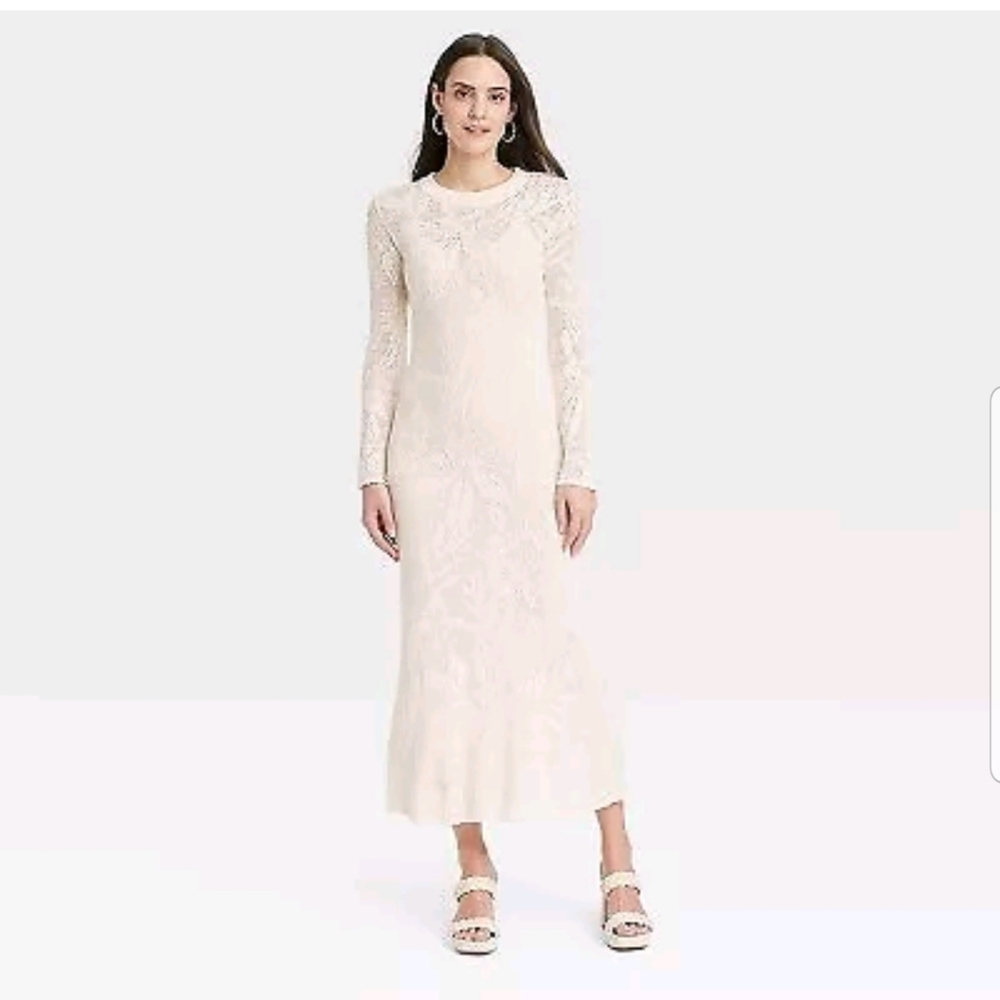 Women's Long Sleeve Maxi Pointelle Dress - A New Day Cream